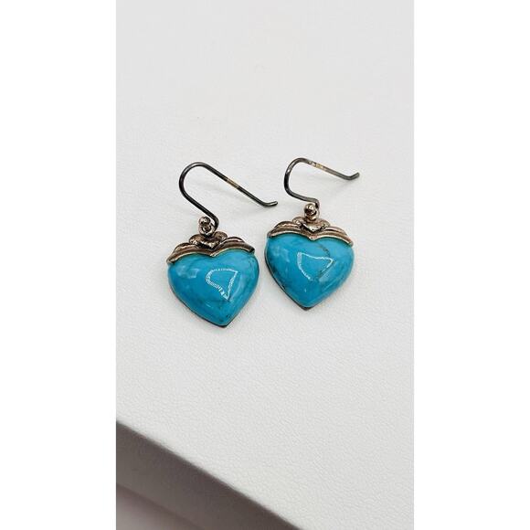 Vintage SX Sterling Silver 925 Dangle Blue Faux Turquoise Love Heart Earrings - Picture 1 of 6